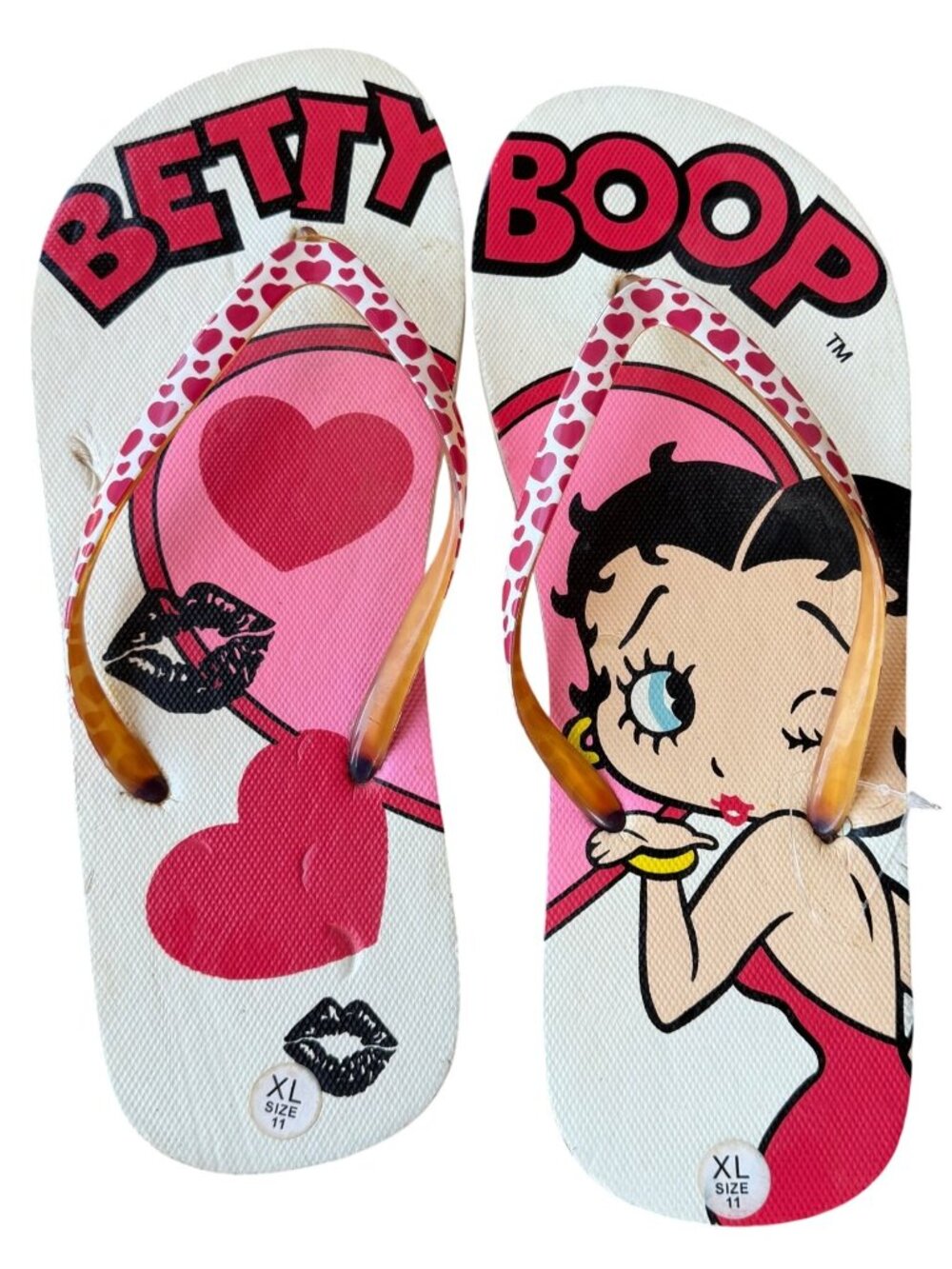 Betty Boop Flip Flops Red & White Heart Pattern Women's Size XL (11) (NWD-READ)